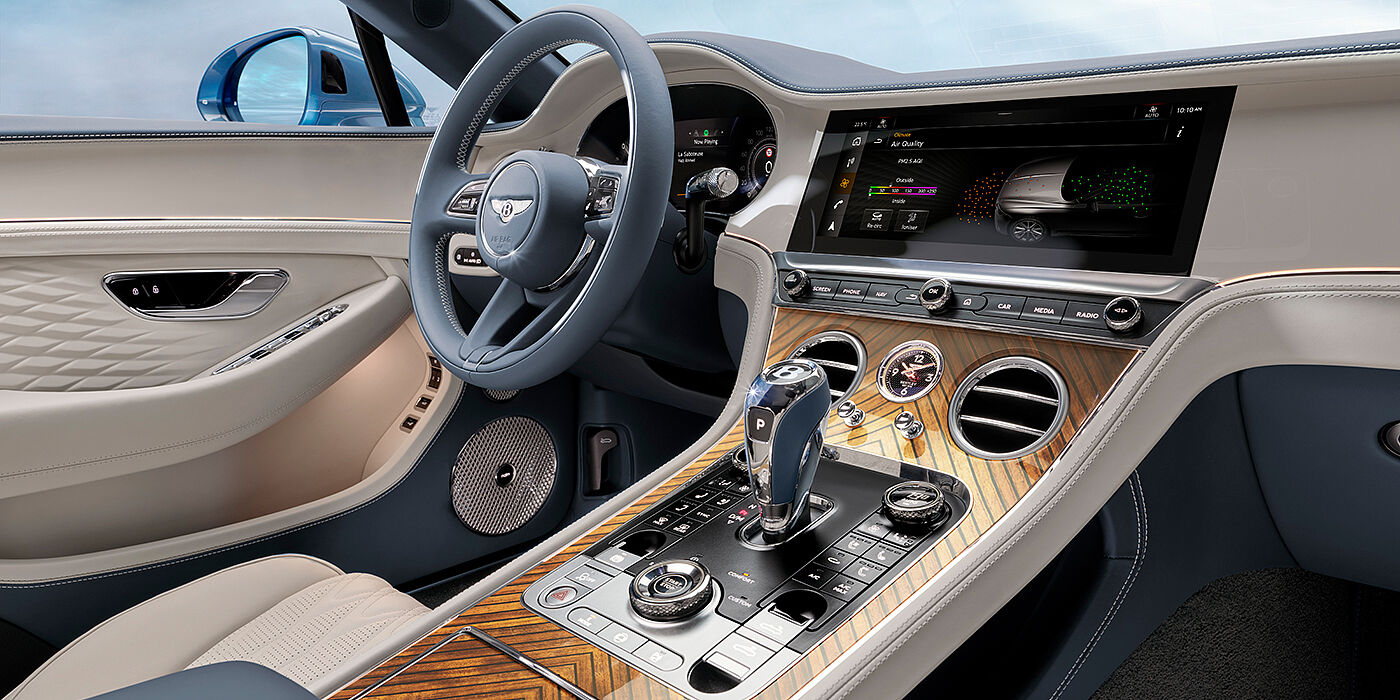 Bentley Surrey New Bentley Continental GTC Azure convertible interior front cabin view with Linen and Brunel hides and Piano Linen by Mulliner veneer featuring centre console and centre MMI screen