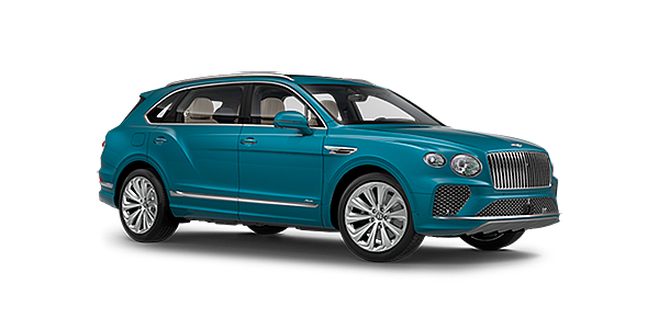 Bentley Surrey Bentley Bentayga EWB Azure front side angled view in Topaz blue coloured exterior. 