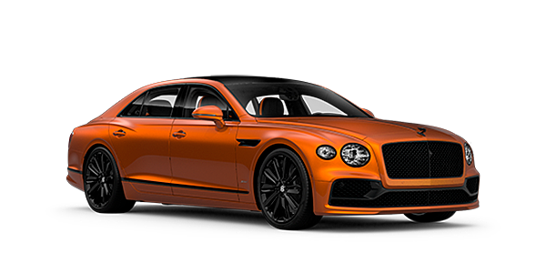 Bentley Surrey Bentley Flying Spur Speed front side angled view in Orange Flame coloured exterior. 