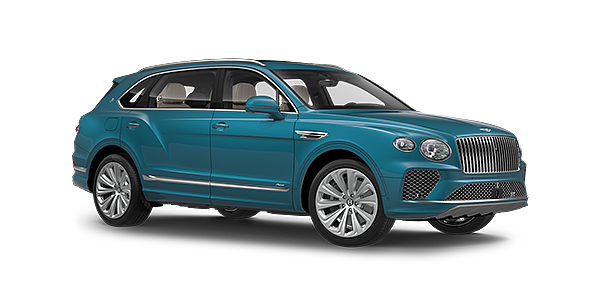 Bentley Surrey Bentayga Extended Wheelbase Azure luxury SUV front three quarter in Topaz Blue by Mulliner paint